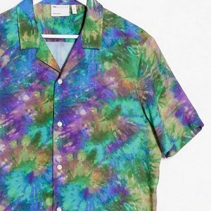 ASOS Design short sleeve viscose shirt in tie dye print green blue purple M